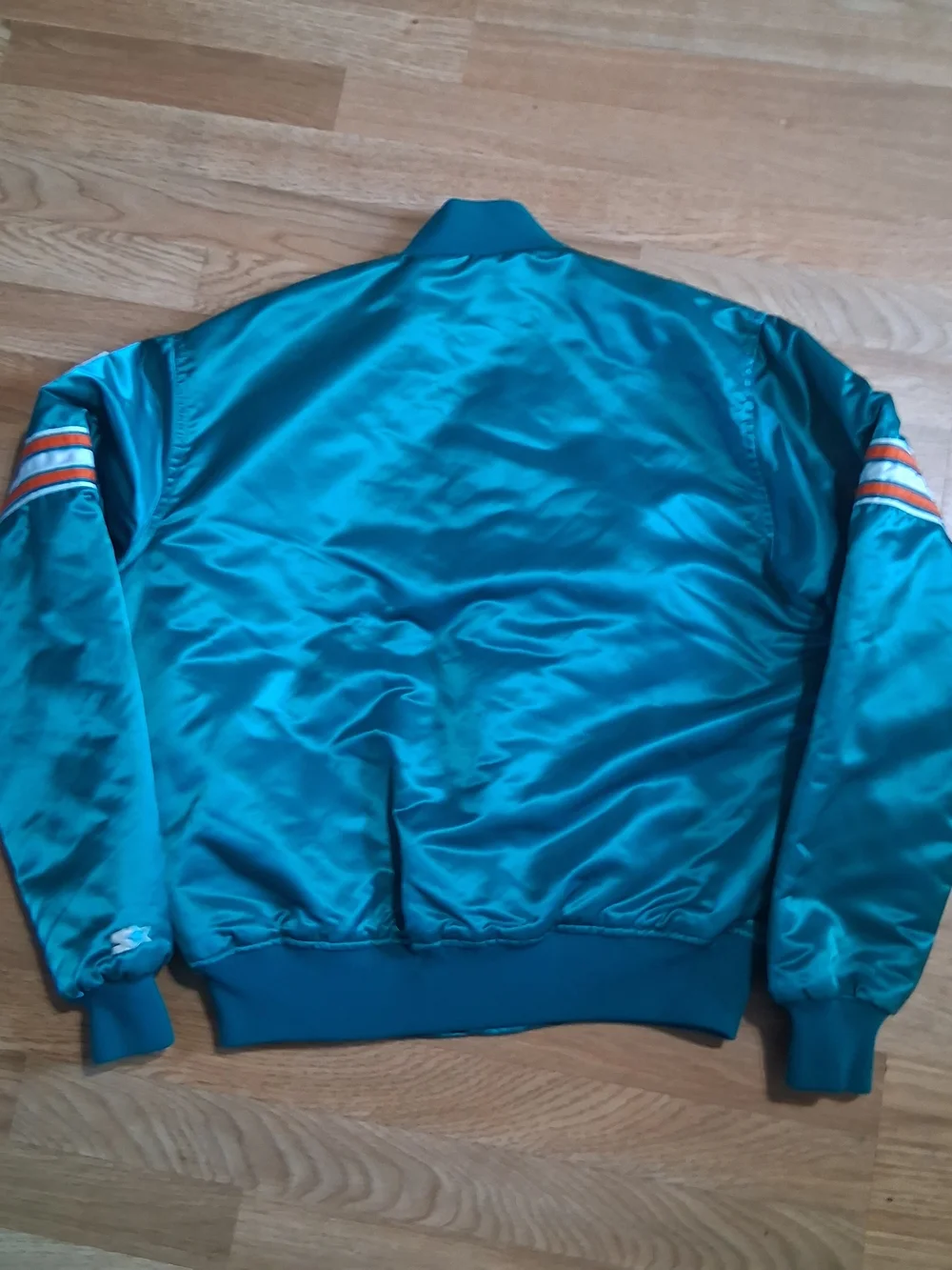 STARTER Teal Satin Dolphins Mens  Bomber Jacket Sz. L Made In Usa